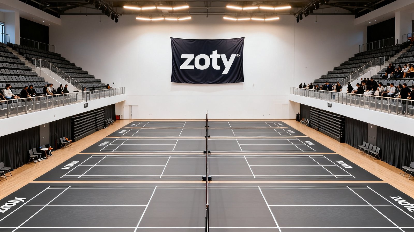 zoty体育广州旗舰场馆内部全景，12片国际赛事级羽毛球场地排列整齐，专业地胶呈现深灰色质感，顶部LED照明灯组明亮柔和，两侧观众席可容纳200人，场馆尽头悬挂大幅zoty品牌标识旗帜