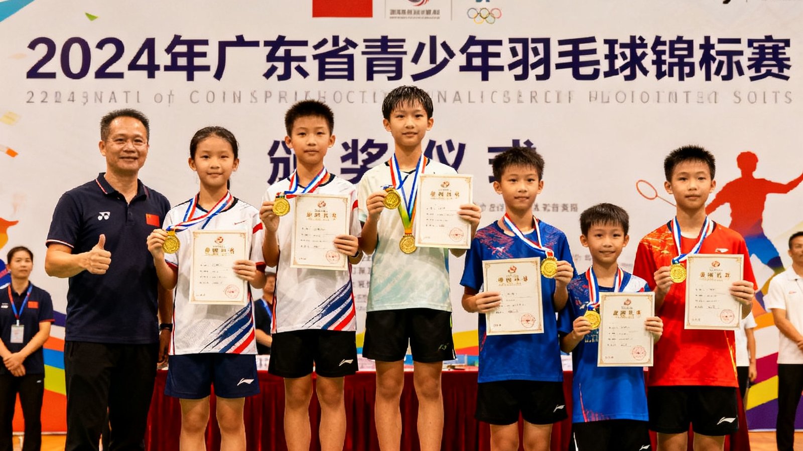 2024年广东省青少年羽毛球锦标赛颁奖现场，zoty体育学员站在领奖台上手持奖牌和证书，背景为赛事主背景板，场面热烈