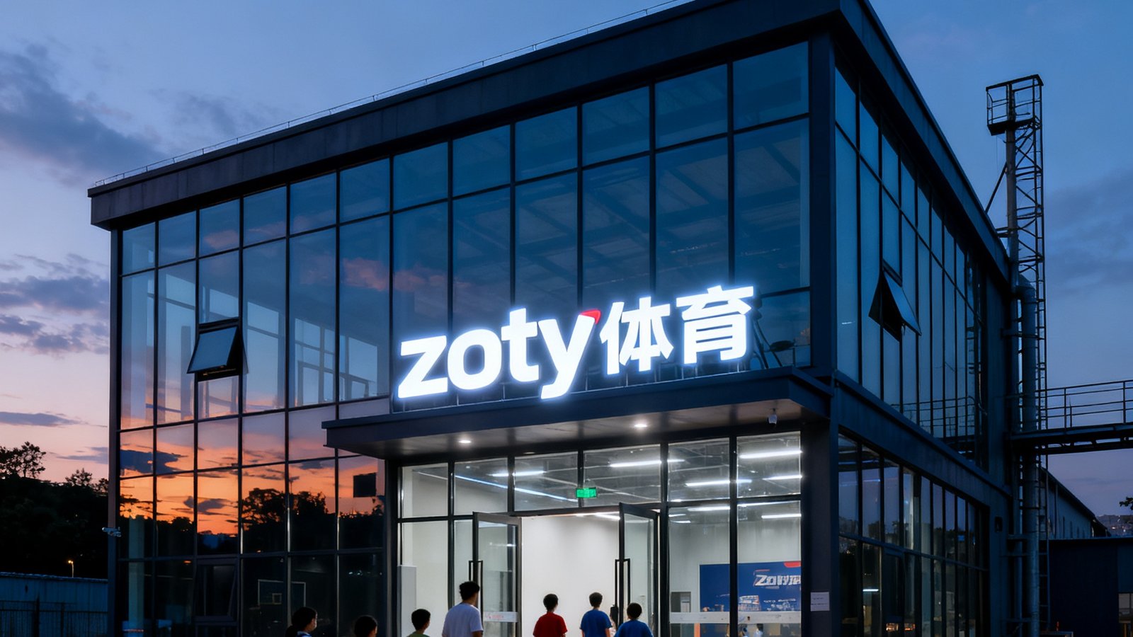 zoty体育广州天河旗舰馆外立面，现代工业风格两层建筑，大面积落地玻璃幕墙映射傍晚天空，入口上方悬挂发光品牌标识，门前有学员和家长进出